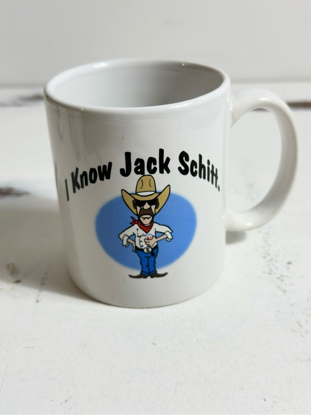 Vintage White Ceramic‎ Mug with 'I Know Jack Schitt' Cowboy Graphic